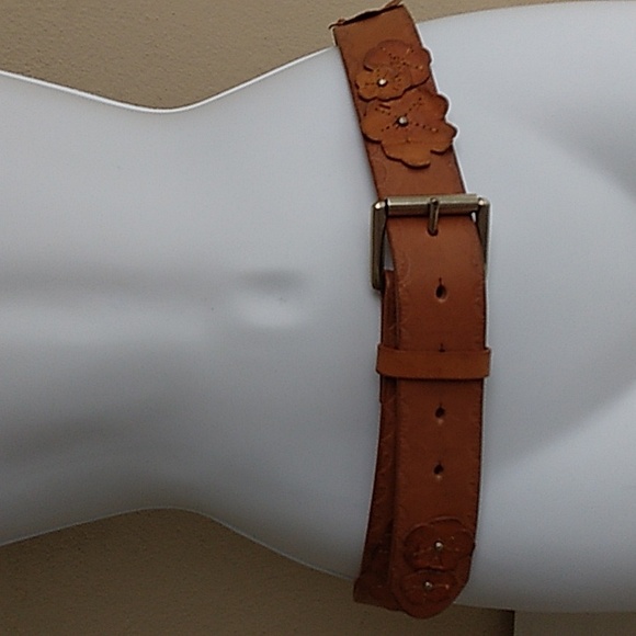 Tan Leather Belt Wide Western Bohemian Medium - Picture 12 of 13